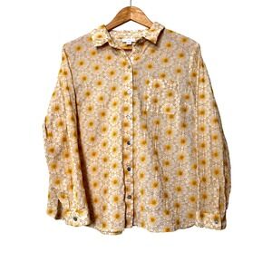 J Jill Petite Linen Blend Embroidered Daisy Button Up Shirt Women L